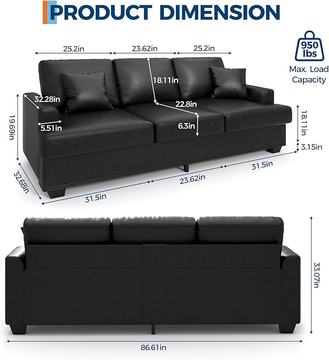 IDEALHOUSE Modern 86 Leather Sofa with 2 Throw Pillows Deep Seat Couch with Upholstered Cushion &amp Removable CoverComfy Faux Leather Sofa Couch for Small Space Apartment Lounge Black