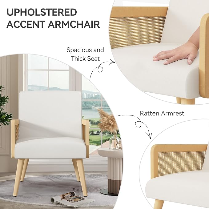 Accent Chair with Rattan Arms Set of 2 Dining Chair with Wood Legs Modern Armchair for BedroomLiving Room and Kitchen Lounge Chair Reading Chair Beige