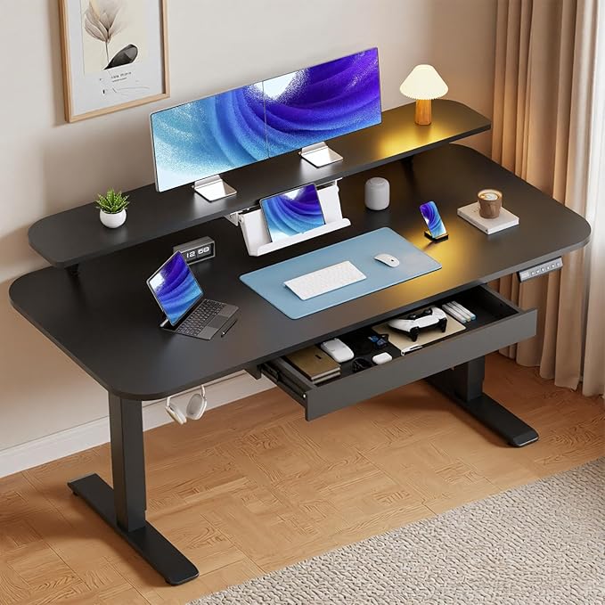 GTPLAYER Electric Standing Desk with Drawers 55 x 24 Inches Height Adjustable Computer Desk with Monitor Stand Laptop Stand Home Office Sit Stand Up Desk with Memory Preset Black