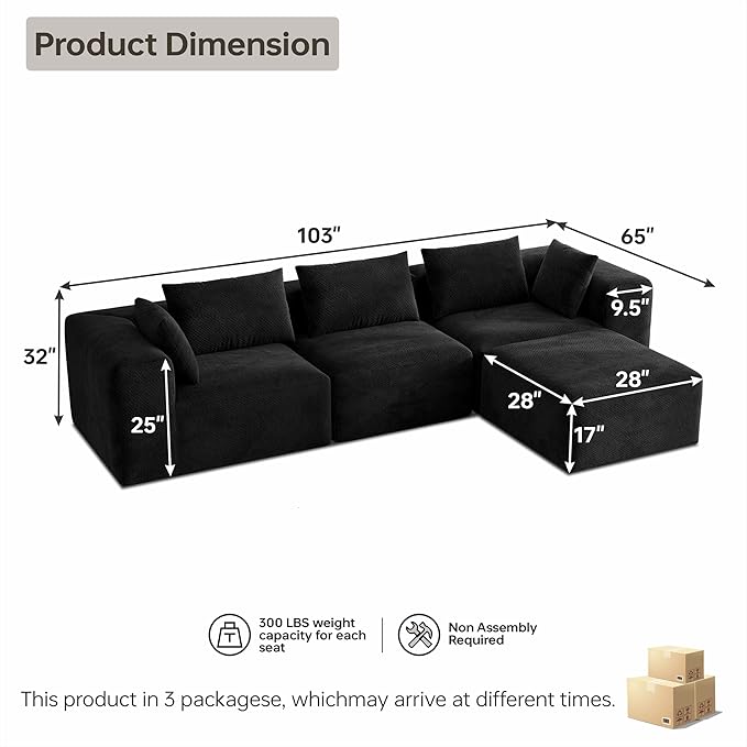 103 Boneless Sectional Couch Sofa - Black Cloud Couches for Living Room Faux Fur Modular Sofas with Deep Seat L-Shaped Couch with Movable Ottoman No Assembly Required