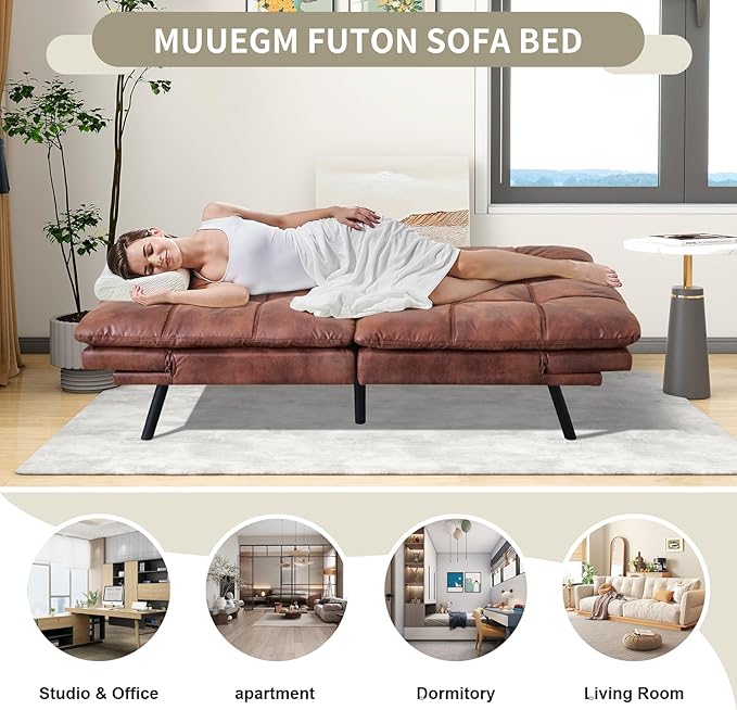MUUEGM 71 Futon Couch Filled with Memory Foam Convertible Futon Sofa Bed with Adjustable Backrest Armrest Folding for Living Room Small Space Loveseat for Sleeper(Leather Brown)