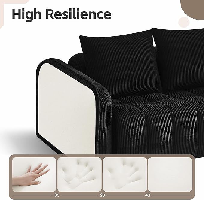 66 Loveseat Sofa Cloud Boneless Couch for Living Room Upholstered Compressed Sofa Deep Seat Corduroy Sofa with 2 Pillows &amp Armrests for Small Spaces for Bedroom Apartment Office Black
