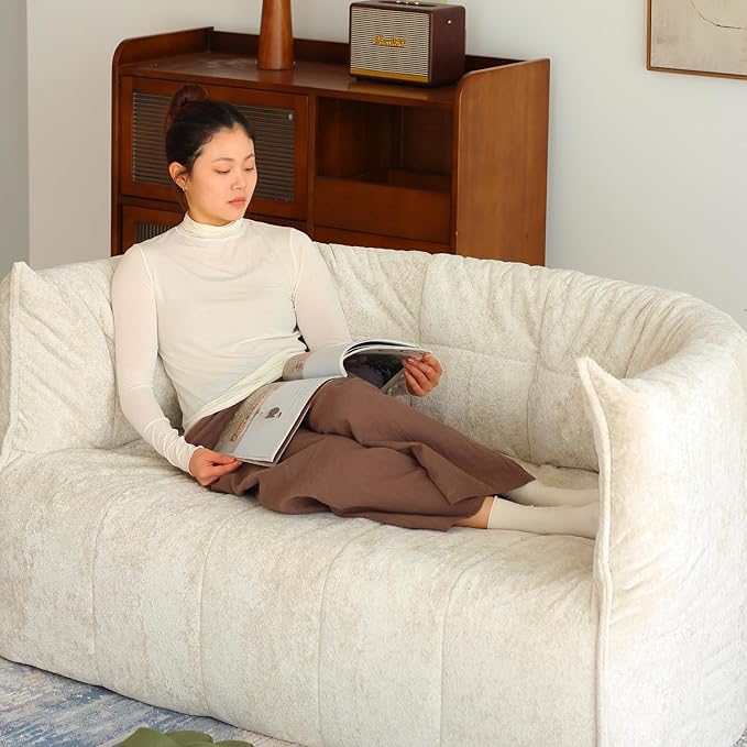 N&ampV Mid Century Brigantin Deep Relaxation Sofa Soft Premium Chenille for Living Room Bedroom and Office (Ivory ThreeSeater)