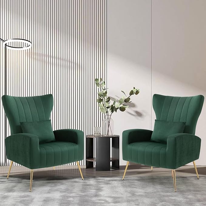 Modern Accent Chairs Set of 2 Wingback Chair with Arm &amp Gold Legs Living Room Bedroom Side Chair with Lumbar Pillow Velvet Upholstered Channel Tufted Green