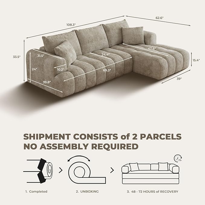 108 Cloud Sectional Couches for Living Room Boneless L-Shaped Sofa with Pillow 3 Seater Modular Sectional Sofa (Khaki)