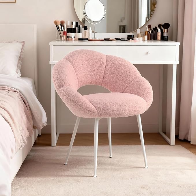 Petal Makeup Vanity Chair with BackUpholstered Makeup Accent Reading Chair No WheelsModern Dining Chair for HomeOfficeBedroomTeddy Plush (Pink)