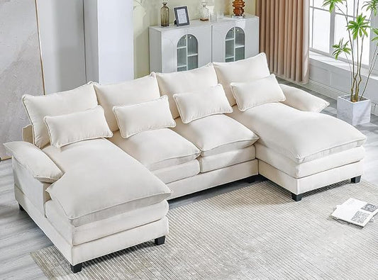 110.2 Modular U Shaped Cloud Couch Modern 4-Seat Chenille Upholstery Sectional Sofa with Double Chaise &amp Double Layer Cushions Deep Seat Comfy Couch for Living Room Bedroom Apartment Beige