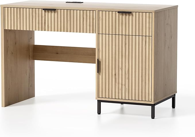47 Home Office Desk with Fluted Drawers Wood Exectuive Desk with Storage Cabinet Charging Station Metal Legs Modern Farmhouse Computer Desk for Work Study Light Oak