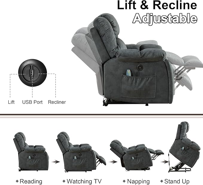 Bonzy Home Power Lift Recliner Chair with Massage and Heating Lift Chairs Recliner for Elderly Upholstered Comfy Power Lift Chair with 2 Hidden Cup Holders Side Pockets USB PortDark Grey