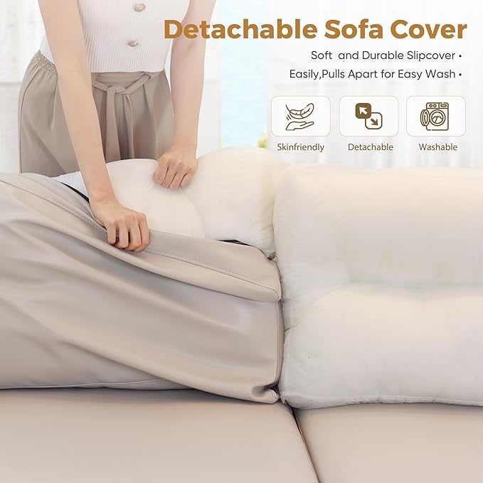 ABCASA 64.6 Faux Leather Loveseat Sleeper Sofa Bed with Storage Seat Modern Modular Sectional Couch Deep Seat with Reversible Chaise 2-Seat Whitesand for Apartment Living Room Bedroom