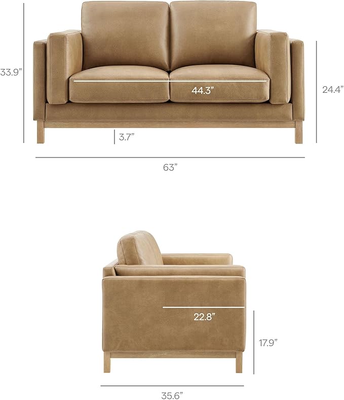 Modway Roscoe 63 Inch Vegan Leather Loveseat in Toast - Comfortable Faux Leather 2 Seater Couch for Living Room Apartment or Office Seating