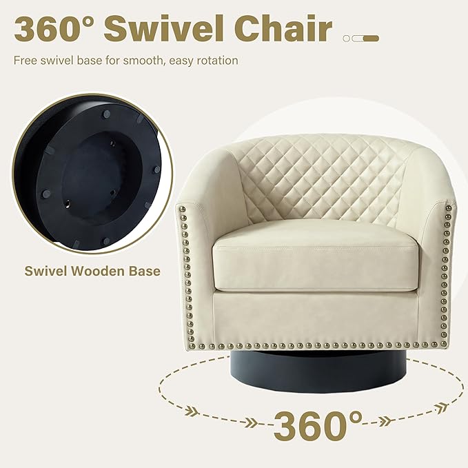 Pia Ricco Faux Leather Swivel Barrel Accent Chairs Set of 2 360° Swivel Round Single Sofa Chair Comfy Upholstered Club Armchair with Nailhead Trim for Living Room/Reading Room/Bedroom Beige