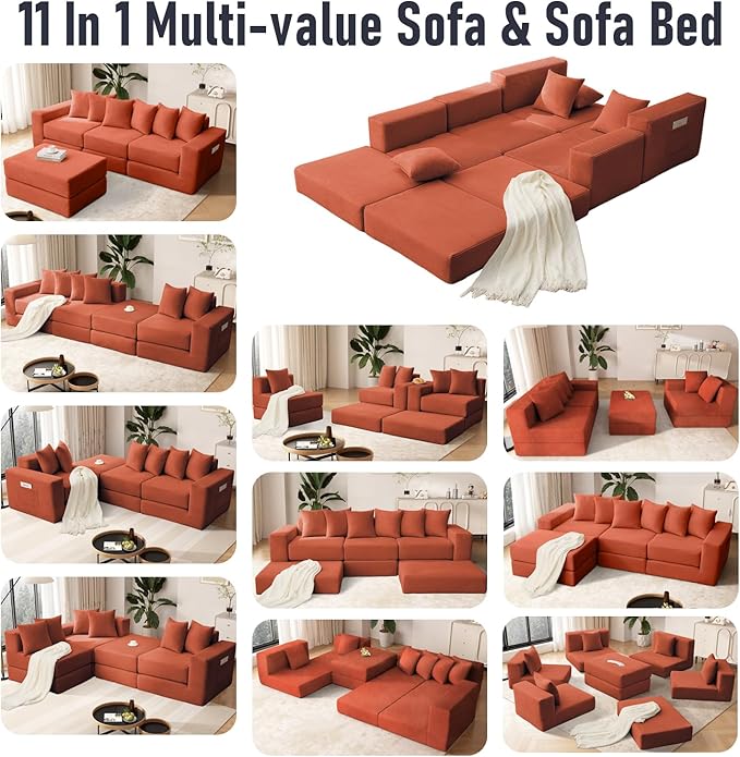 102 Upgraded L-shaped Modular Sectional Couches for Living Room Convertible Oversized Sleeper Sofa Bed-Luxury 1.5 Queen Bed. 11-in-1 Multifunctional Corduroy Boneless Folding Futon Couch Orange.
