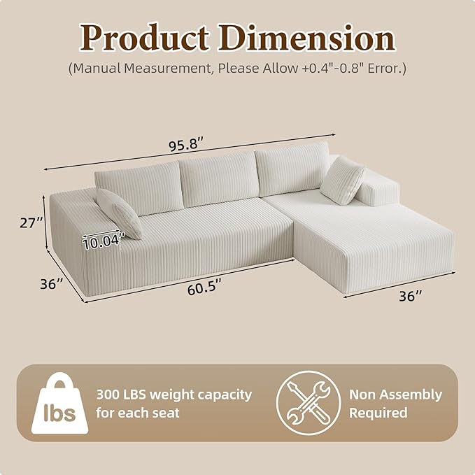 Boneless Couch Corduroy Sectional Sofa Cloud Couches Deep Seat L-Shaped Sofa No Assembly Pet-Friendly Apartment Couch for Small Spaces (Beige L Shape with Right Facing Chaise)