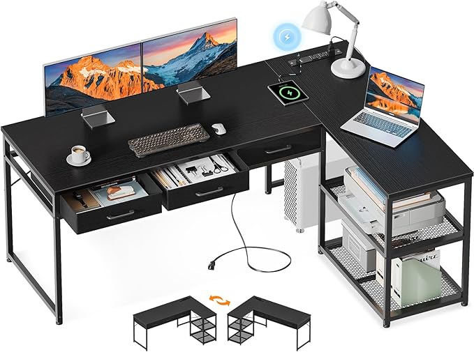 AODK 61 Inch L Shaped Computer Desk with Drawers Corner Desk with Power Outlets &amp Reversible Storage Shelves for Home Office Gaming Black