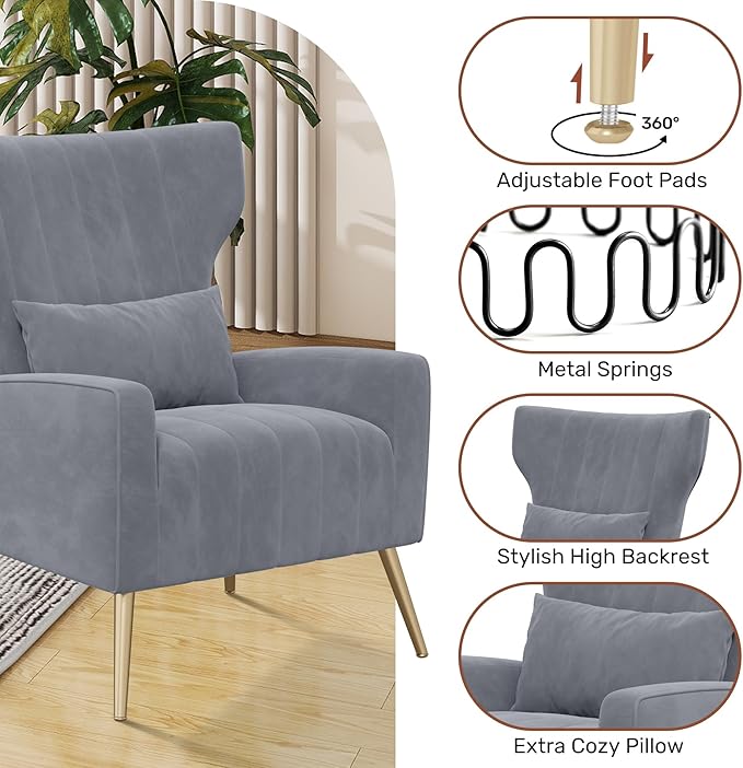 Nalupatio Velvet Fabric Upholstered Reading Comfy Mid Century Modern Armchair with Metal Legs and Spring Support Accent Chair for Living RoomGrey