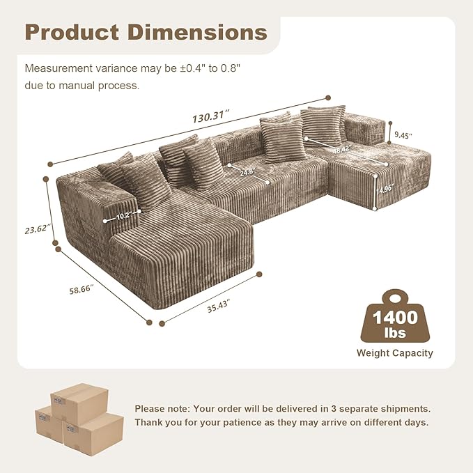 130'' U Shaped Couched for Living Room Cloud Modular Sectional Couch with 2 Chaise Lounge Modern Minimalist Upholstered Sofa Sleeper Deep Seat Corner Couch No Assembly Required Light Coffee