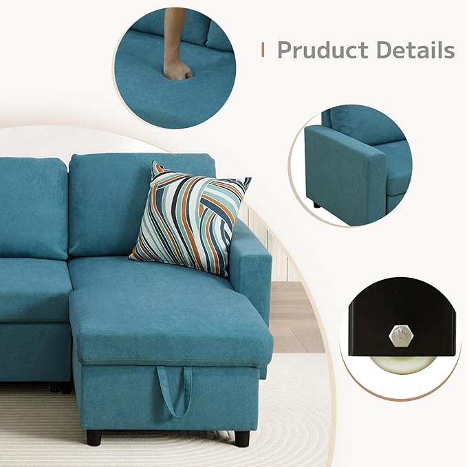 L-Shaped Sleeper Sofa with Chaise Lounge &amp Storage Pull-Out Couch Bed with Recliner Full Size Futon for Living Room Office Apartment Teal