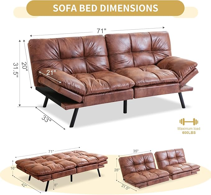 MUUEGM Futon Sofa Bed 71 Convertible Adjustable Backrest Armrests Memory Foam Couch Bed Modern Faux Leather Futon Sleeper Couch Loveseat for Living RoomOfficeApartmentSmall SpaceDark Brown