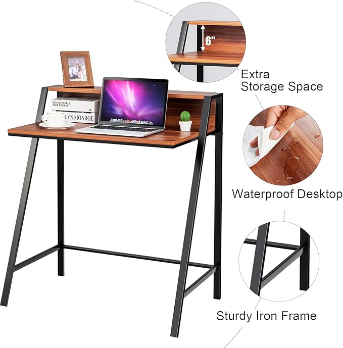 Tangkula Small Computer Desk Compact Home Office Desk with Sturdy Frame 2 Tier Study Writing Table for Small Place Apartment Office Desk for Bedroom Kid’s Desk