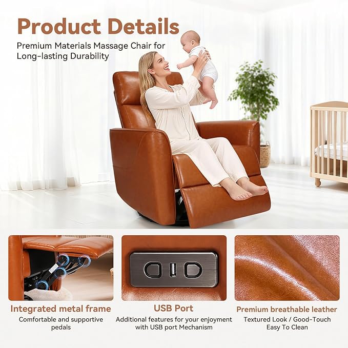 Himimi Power Recliner Chair Swivel Recliner Chair for Adults Faux Leather Single Sofa with Massage and Heat Small Space Side Pocket USB Charging Living Room Orange-Brown