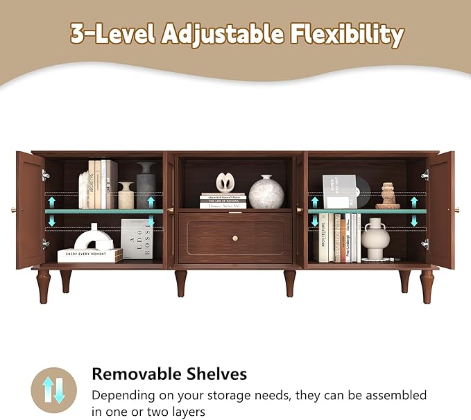 ARTPOWER 67'' Mid-Century Modern TV Stand with Storage Drawer and Doors Long TV Stand with Adjustable Shelves for 75 Inch TV for Living Room Bedroom Brown