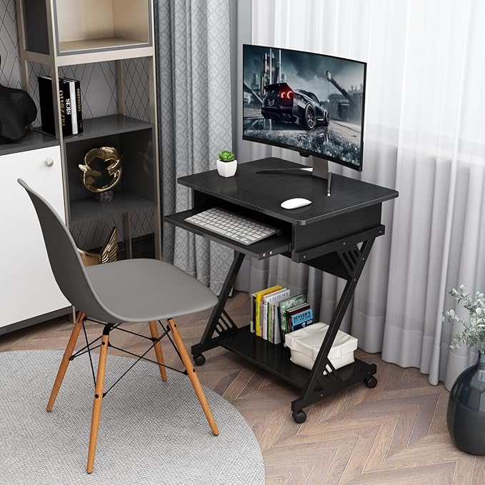Computer Desk for Small Spaces Mobile Computer Desk with Keyboard Tray Z-Shaped Writing Table with Rolling Wheels &amp Storage Shelf (Black)