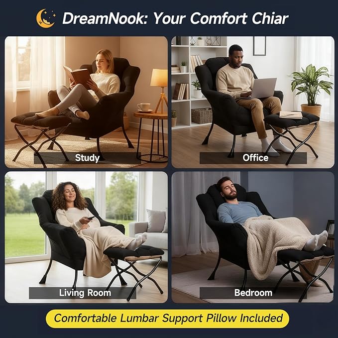 Lazy Chair with Ottoman Modern Accent Chair with Lumbar Pillow Black Sofa Armchairs with Folding Footrest Oversized Supportive Chairs for Bedroom Reading