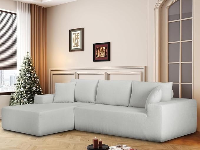 108-Inch Boneless Couch Loveseat with Chaise 2-3 Seater Cloud Couch Modular Sofa for Living Room No Assembly Required Chenille L Shaped Oversized 2 Pieces Sleeper Sectional (Off- White)
