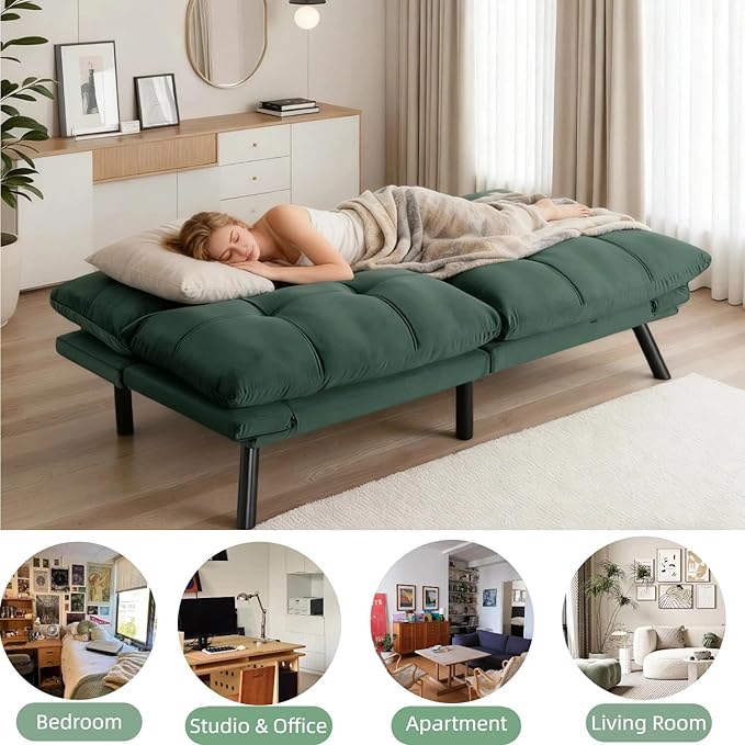 71-inch Microfiber Upholstered Futon Sofa Bed - 2 Seats Adjustable Arms/Back Iron Legs | Convertible to Sleeper for Main Living Spaces Bedrooms Offices (Emerald +2Seat)