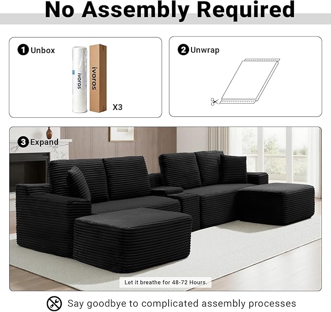 150 Inch Modular Sectional Sofa Couch Oversized Modern Cloud Couch for Living Room U Shape Couches with 2 Ottomans USB Ports and Cup Holders Black Corduroy Boneless Sofas Sofa in a Box