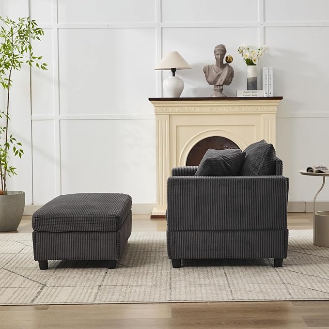Chaise Lounge Chair with Removable Ottoman Modern Corduroy Accent Sleeper Sofa Bed with Pillows Deep Seat Upholstered Armchair for Living Room Bedroom (Dark Gray)