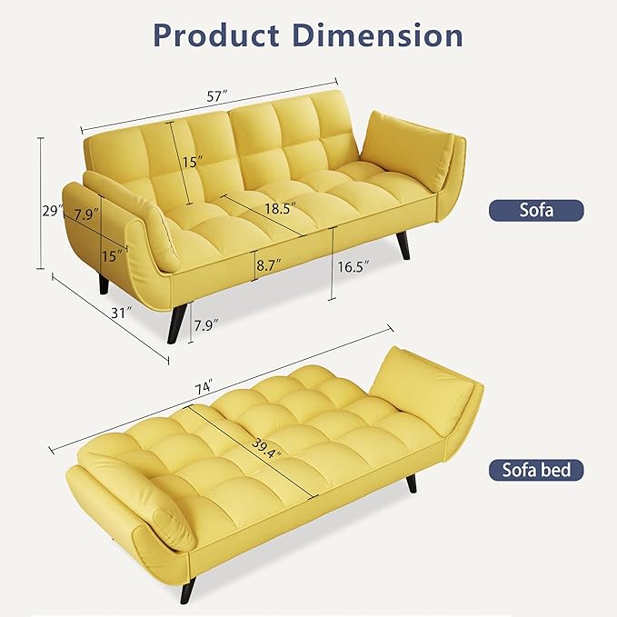 Olela Futon Sofa Bed Convertible Sleeper Couch 74 W Modern Velvet Loveseat with Adjustable Backrests and Solid Wood Legs for Living Room Bedroom Small Space (Yellow)