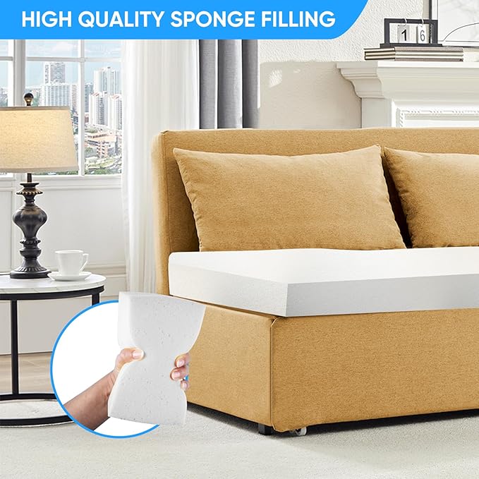 PUREMIND Queen Size Pull Out Sleeper Sofa Bed Linen Convertible Sofa Bed with Foldable Mattress Loveseat Couch Pull Out Bed with 2 Cushions for Small Place Apartment Office Yellow