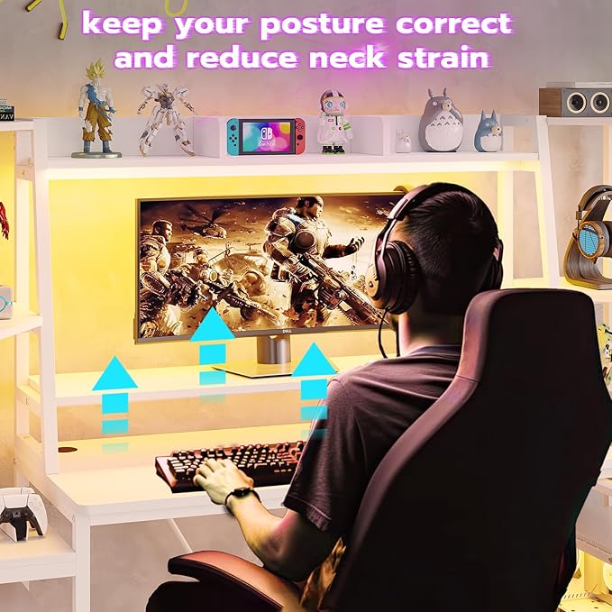 SEDETA White Gaming Desk 65.7'' with LED Lights Hutch and Storage Shelves Computer Desk with Monitor Stand Large PC Gamer Desk Workstation Ergonomic Gaming Table for Bedroom Living Room