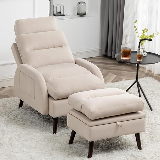Accent Chair with Ottoman Comfy Reading Chair and Ottoman Set Modern Oversized Lounge Armchair with Adjustable Backrest for Living Room Bedroom Velvet Khaki