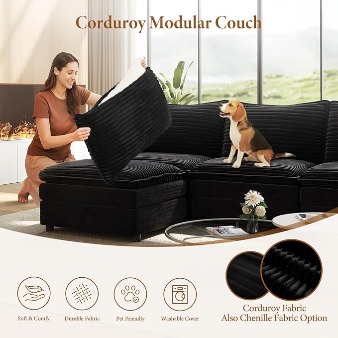 Vesgantti 142 Cloud Couch Sectional Modular Sofa Comfy Sectional Couch with Ottoman Deep Seat Corduroy L Shaped Sofa Modular Couches for Living Room Bedroom and Apartment Black