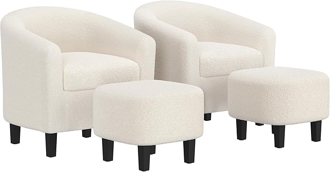 Yaheetech Accent Chair and Ottoman Set Mid Century Boucle Fabric Barrel Chair and Comfy Fabric Footrest for Living Room/Bedroom/Reading Room Ivory 2 PCS
