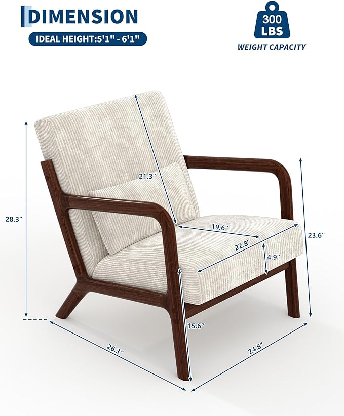 Garvee Mid-Century Modern Accent Chair Wide-Wale Corduroy Upholstery Solid Wood Armchair with Removable Lumbar Pillow Sturdy Reading Chair for Living Room Bedroom Guest Room Easy Assembly Beige