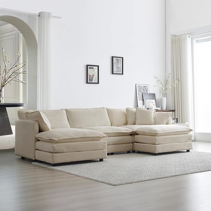 Modular Sectional Sofa 111.5 U Shaped Sectional Couch 5 Seater Comfy Cloud with Movable Ottoman for Living RoomBeige