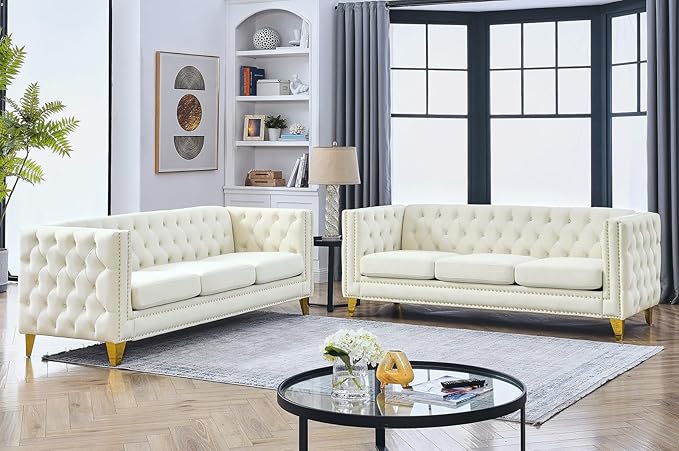 Antetek Comfy Upholstered Couches for Living Room 80-inch Modern Button Tufted 3-Seater Sofa w/Square Arm 4 Golden Metal Legs and Gold Nail Heads for Living Room Office Apartment Beige