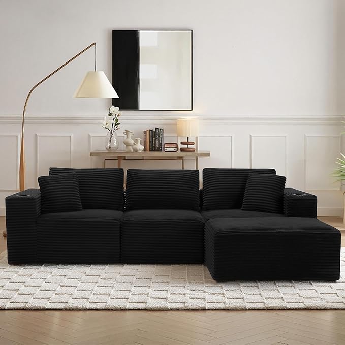 110”Modular Sectional SofaCloud Boneless Couch with Deep SeatModern Modular L-Shape Sofa Couch with 0ttomanUpholstered Couches for Living Room Bedroom (Black)