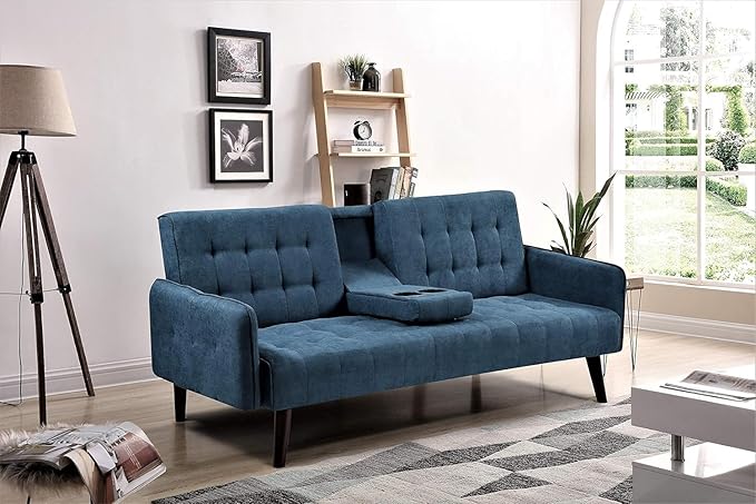 Leno 72 Sleeper Sofa Bed - Convertible Folding Backrest to Full Bed with Cup Holder &amp Drop-Down Table - Space Saving Linen Sofa for Small Spaces - Easy Assembly Blue