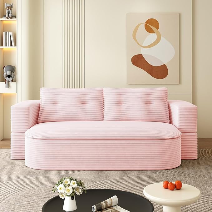 78.7 Convertible Sleeper Sofa Bed with 2 Soft Pillows 2-in-1 Fold Out Couch Upholstered in Luxurious Plush Corduroy Fabric Deep Seat Couch for Living Room Bedroom Guest Room Pink