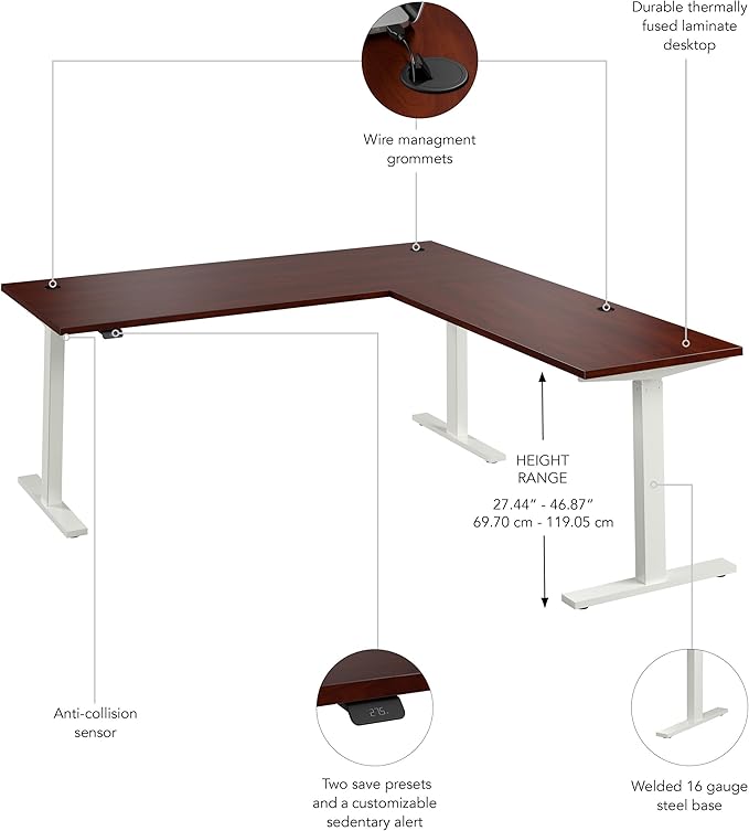 Bush Business Furniture 72-inch Height Adjustable L Shaped Standing Desk Electric Sit-Stand Corner Computer Table Ergonomic Office Move 60 Series Hansen Cherry with White Base