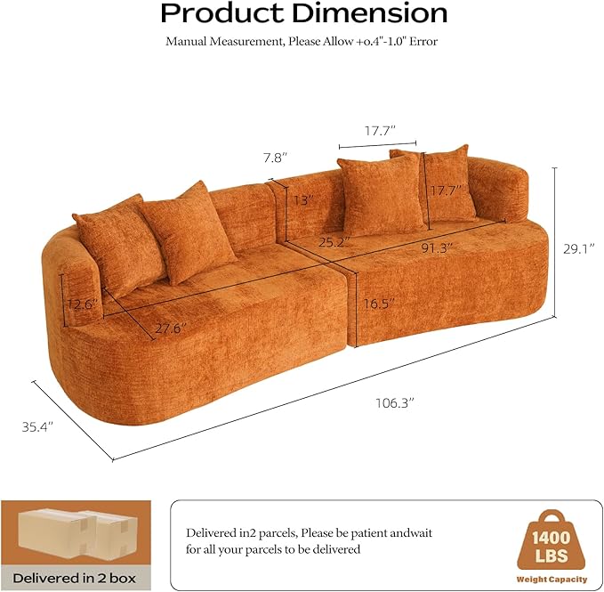106 Modern Curved Boneless Sectional Couches for Living Room Luxury Chenille Fabric Oversized Modular Cloud Sofa with 4 Pillows Comfy Deep Seat Foam Couch in Box No Assembly (4 Seater Orange)