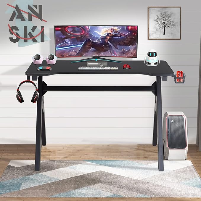 FDW Computer Desk Gaming Desk Student PC Desk Writing Desk Office Desk Modern Ergonomic Racing Style Table Workstation Carbon Fiber Headphone Hook (47in Red)