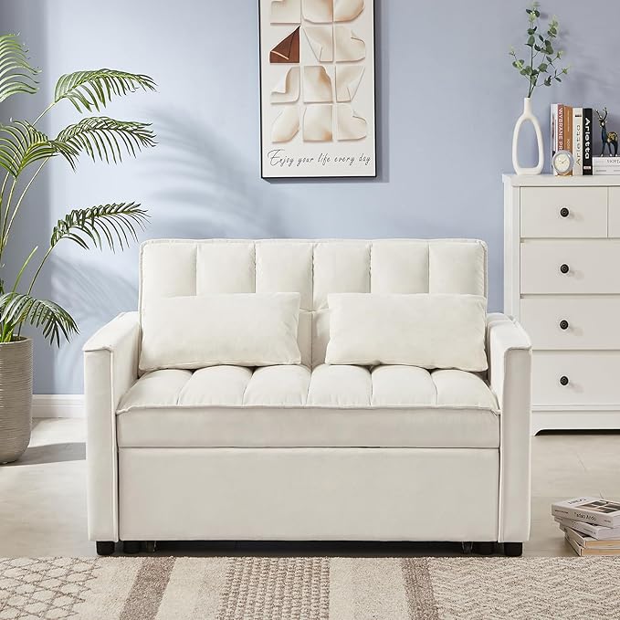 3 in 1 Convertible Sleeper Sofa Couch with Pull Out Bed55 Velvet Upholstered Futon Sofa BedModern Loveseat Sleeper Chaise with Adjustable Backrest for Living Room Guest Room Apartment(White)