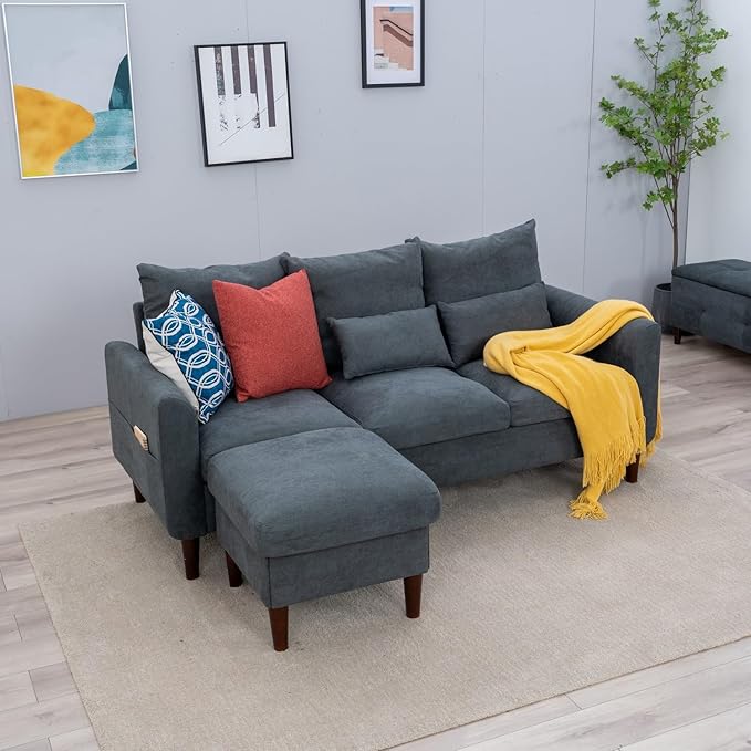 Panana Convertible Sectional Sofa CouchL-Shaped 2 or 3-Seat Sofa Sectional with Reversible Ottoman for Small Living Room Apartment (Gray Linen Fabric 3 Seater with Ottoman - Curved arms)