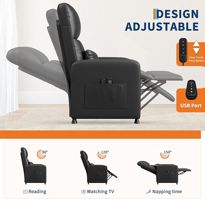 Power Recliner Chair Electric Recliner with Memory Function &amp USB Port Overstuffed PU Leather Living Room Chair with Side Pockets Ergonomic Home Theater Seating Black